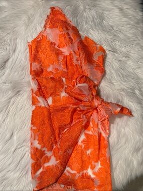 Reverse Orange Floral Lace Mini Dress with Side Tie